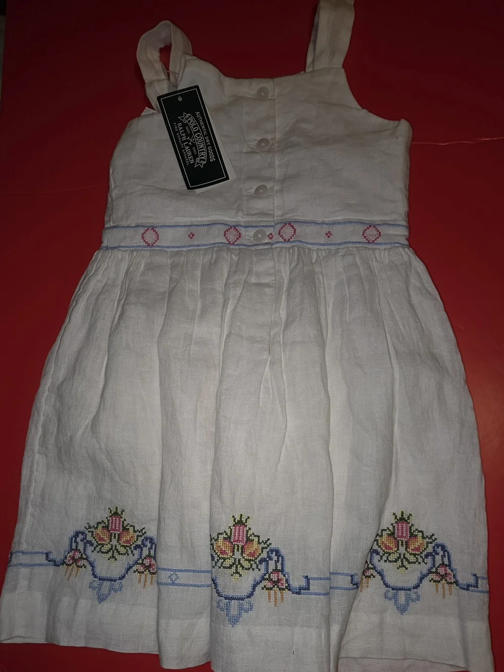 Ralph Lauren White Linen Dress with Multicolor Floral Embroidery Size 6 Girls